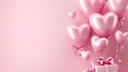 Beautiful pink birthday background with inflated helium balloons in the shape of hearts and gifts on the side with space for text, inscription or logo