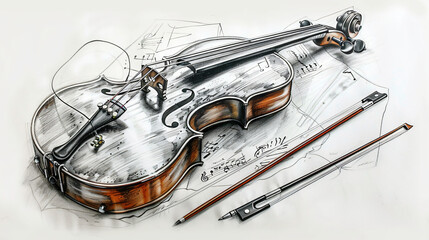 The realistic  sketch of musical instrument violin on the music note wall art, background, wallpaper, vintage style 