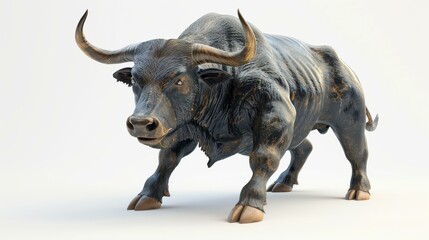 Fototapeta premium a 3D render of a fierce-looking bull, isolated on a white background. The bull is shown in a dynamic and aggressive stance with realistic texture.