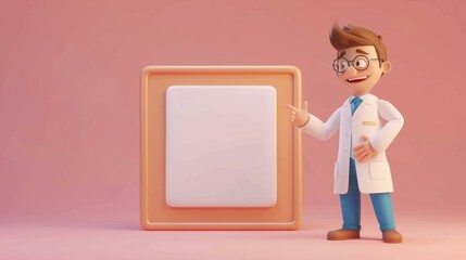a 3D illustration of an animated male character with dark hair and glasses, wearing a white lab coat, blue pants, and a blue tie, pointing at a large, blank, square button. 