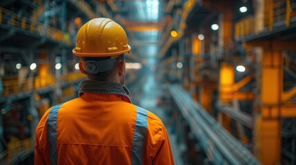 a male engineer in an orange safety uniform and hard hat standing indoors with an industrial background.