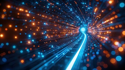 Blue and orange glowing lines and particles forming a dynamic 3D light trail, creating a mesmerizing effect with intricate neon-like details.