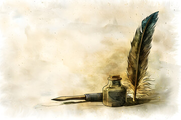 Elegant Quill and Ornate Inkpot: A Timeless Symbol of Writing and Calligraphy Artistry