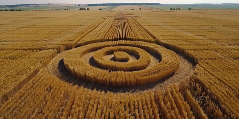 Aerial view of symmetrical crop circles in a field