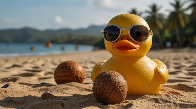 Ilustraci&oacute;n de paisaje de verano divertido pato de hule con gafas en la playa