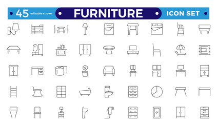 Furniture Minimal line icons set. Kitchen, bedroom, sofa table, bookcase closet, chair, mattress, lamps, ladder vector illustrations. Outline signs of the house interior. Editable stroke outline icon