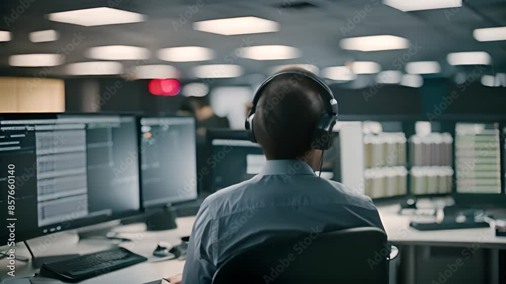 Poster man working at a computer in an office generative ai