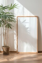 A vertical frame in a yoga studio, soft natural lighting, serene and minimalist decor. Background of bamboo plants, light wooden floors, soft earthy tones. 2:3