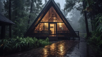 A small house with a triangular roof is surrounded by trees