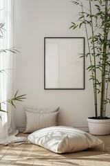 A vertical frame in a yoga studio, soft natural lighting, serene and minimalist decor. Background of bamboo plants, light wooden floors, soft earthy tones. 2:3
