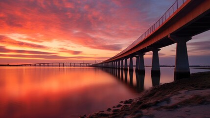 Obraz premium A bridge spans a body of water with a sunset in the background