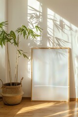 A vertical frame in a yoga studio, soft natural lighting, serene and minimalist decor. Background of bamboo plants, light wooden floors, soft earthy tones. 2:3