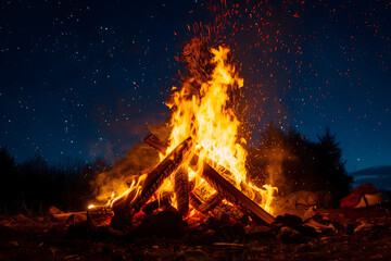 Bonfire glowing warmly under a starry summer night sky in the forest.