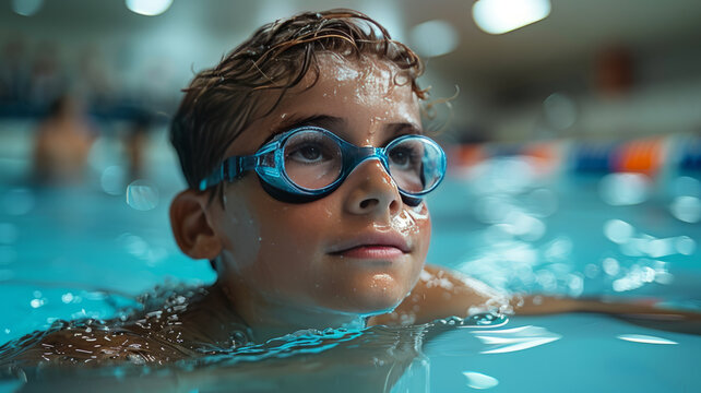 Young boy who does swimming and he lacks an arm, disabled person.generative ai