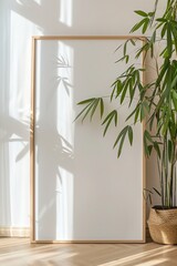 A vertical frame in a yoga studio, soft natural lighting, serene and minimalist decor. Background of bamboo plants, light wooden floors, soft earthy tones. 2:3