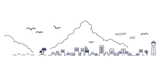 夏の海辺の街並みのシルエットイラストのセット　背景イラスト　都市景観