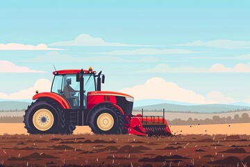 Obraz premium Illustration of Tractor Plowing Field