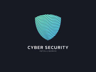 Cyber security intelligence protection shield with Curved Lines Chart Technology data vector logo design concept. Artificial intelligence shield logotype symbol for advance technology, identity, ui.