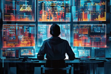 Obraz premium A man is sitting in front of a computer monitor with a lot of numbers