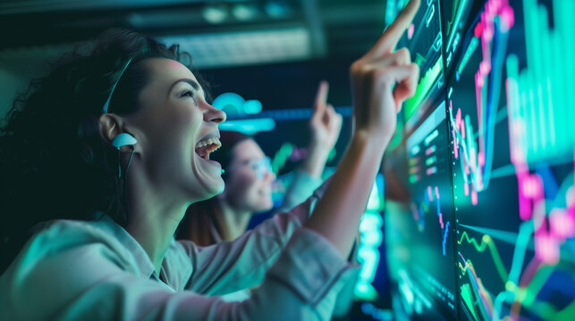 Tech Professionals Analyzing Data and Celebrating Market Growth Teamwork Success Digital Technology Business Strategy