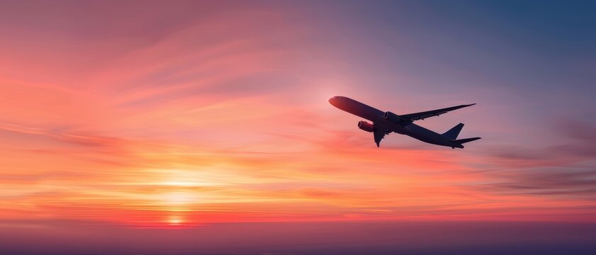 Commercial airplane in flight during a vibrant sunset, colorful sky, silhouette effect, ample copy space,