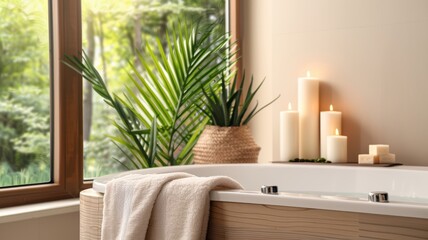 Serene Bathroom with Candles and Greenery by Large Window Overlooking Nature