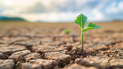 Close-up of a fragile seedling growing on dry, fissured soil under a stark sky, illustrating the struggle and determination of new life to thrive in the face of environmental challenges like global