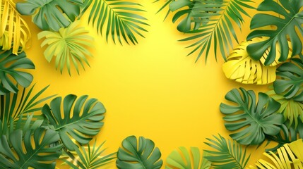 Tropical leaf frame  Flat top view with copy space - spring summer nature concept. Simulated leaves, yellow tone