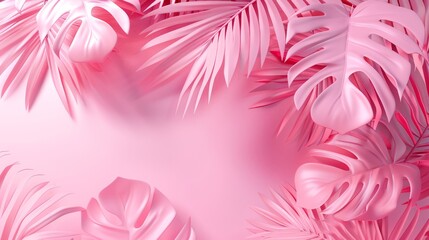Obraz premium Tropical leaf frame Flat top view with copy space - spring summer nature concept. Simulated leaves, pink tone