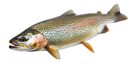 Fototapeta premium Close-up image of a rainbow trout isolated on a white background. Vibrant scales and fins detail marine life and fishing appeal.