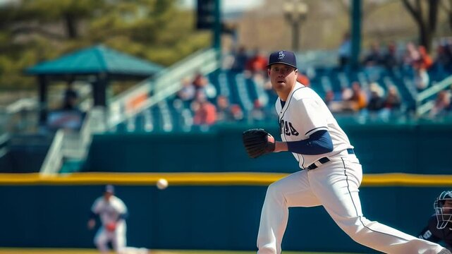 Baseball pitcher throwing a pitch during a game, with the ball in mid-air and the crowd in the background on a sunny day.	