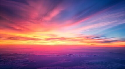 Fototapeta premium Close-up view from an airplane window, showcasing a stunning sunrise with hues of orange, pink, and purple streaking across the sky, creating a breathtaking aerial landscape