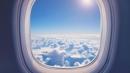 Photo-realistic image of an airplane window with a clear blue sky and scattered clouds, capturing the serene beauty of high-altitude travel
