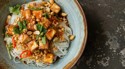 Vietnamese vegan tofu dish with noodles and peanuts