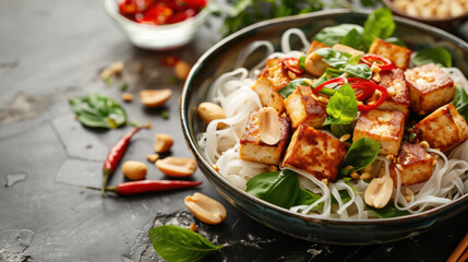 Vietnamese vegan tofu dish with noodles and peanuts
