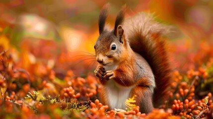 Obraz premium Eurasian red squirrel (Sciurus vulgaris) cautiously peeks out of the hole in a tree in the forest of Drunen, Noord Brabant. 