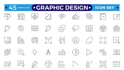 Set of outline icons of graphic design. Simple linear icons in a modern style flat, Creative Process. Graphic design, creative package, stationary, software. Editable stroke outline icon.