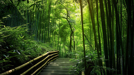 Fototapeta premium Tranquil scene of green forest bamboo grove, AI Generative.