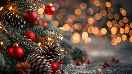 Winter Wonderland A festive Christmas tree, adorned with red baubles and pine cones, stands aglow against a blurred background of twinkling lights The spirit of the season shines brightly