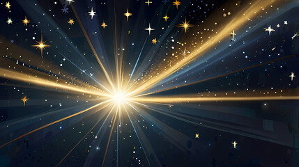 Magical starburst background with shimmering gold and silver stars, set against a deep blue night sky