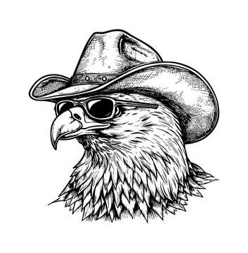 recommend clip art: bald eagle, wears cowboy hat and sunglasses engraving black and white outline