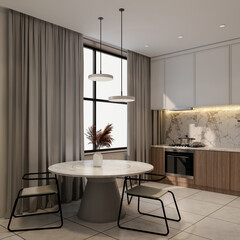 Minimal white kitchen, marble, wooden and dinning table, 3d illustration render