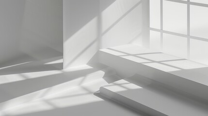 Fototapeta premium Minimalist White Wall Background with Abstract Window Shadow, High-Resolution Product Presentation Mockup Banner Template, Gray and White Color Palette, Soft Bright Lighting 
