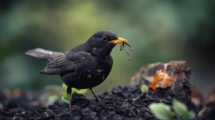 Fototapeta premium Blackbird holding a worm in its mouth, close-up on loose soil, feeding preparation for baby bird, raw and detailed
