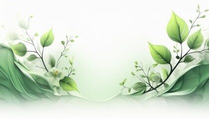 Green leaves a plain white background with a light green tint, space for text, and copy space background.
