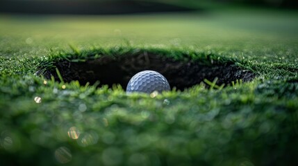 Close-up of a golf ball about to drop into the hole, putting green backdrop, raw style, clear focus on texture