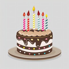 Flat icon birthday cake with candles on gray background and white background 
