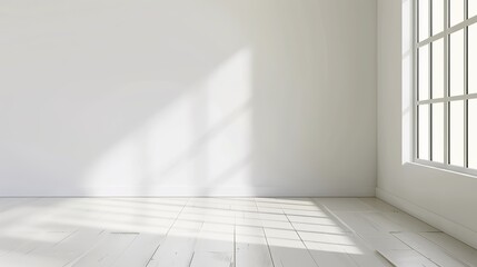 Obraz premium Minimalist White Wall Background with Abstract Window Shadow, High-Resolution Product Presentation Mockup Banner Template, Gray and White Color Palette, Soft Bright Lighting 