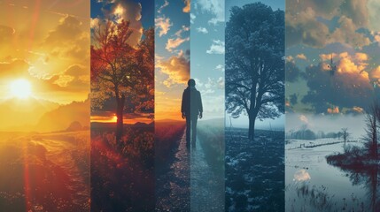 Collage of time and weather transitions from first person view, seasons changing, day to night cycle, human and natural scenes, raw and dynamic
