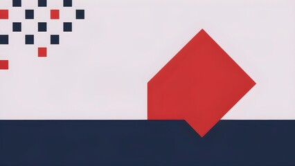 Abstract geometric artwork featuring red and navy shapes with a pattern of red and blue squares on a light background.
